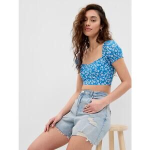 GAP NWT 100% Cotton Blue White‎ Floral Short Puff Sleeve Crop Top Size XS